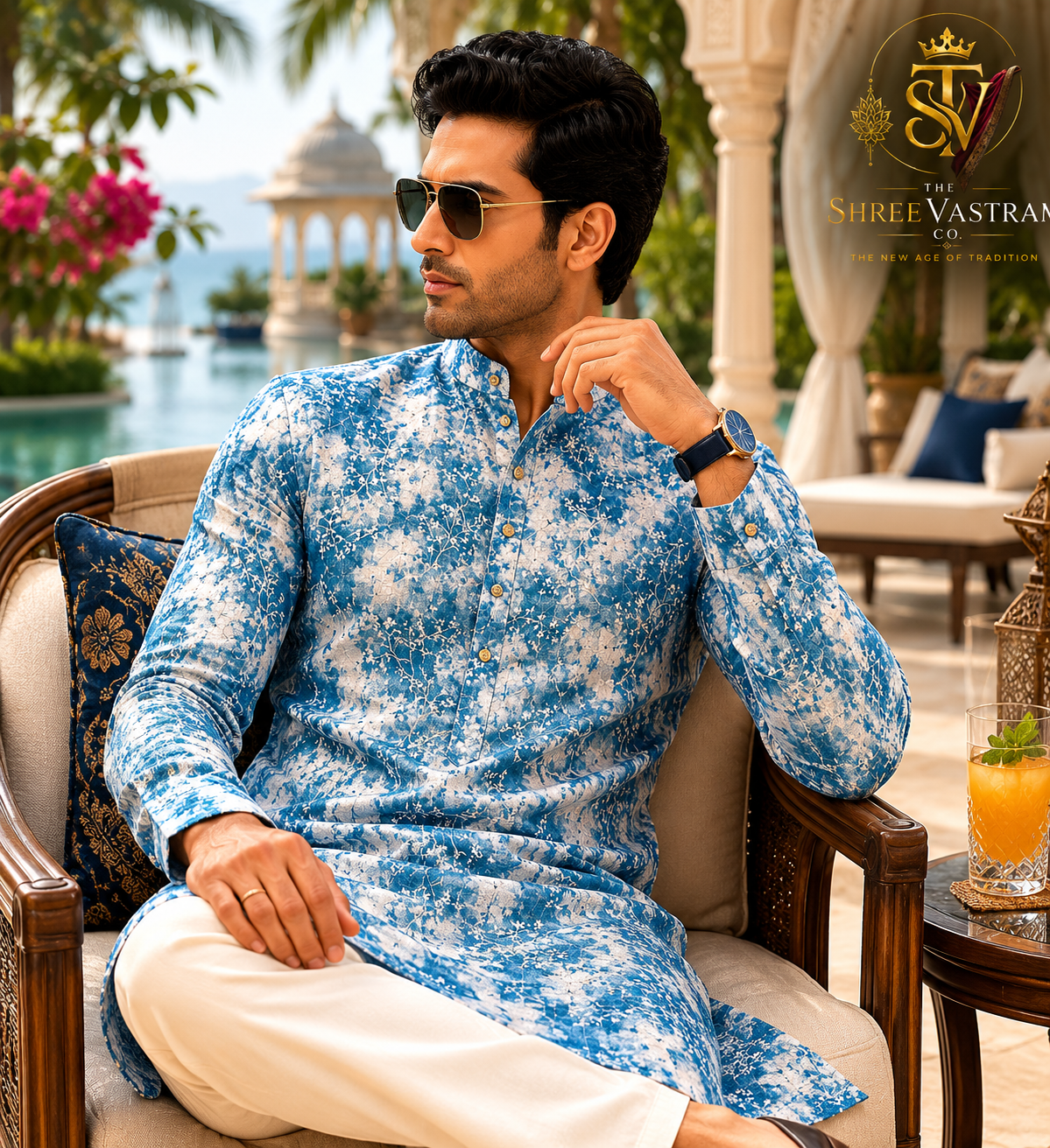ShreeVastram Earthy Floral Blue Brocade Kurta Set